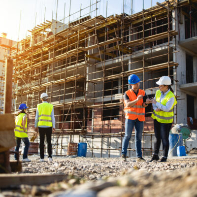 Construction workers wearing safety gear and reflective vests stand at a building site. Some consult tablets while others work in the background. A partially constructed building with scaffolding is seen under a clear sky.