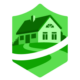 Green emblem featuring a stylized house with a chimney and windows, set on a green hill within a shield outline. A swoosh encircles the shield, suggesting movement or protection.