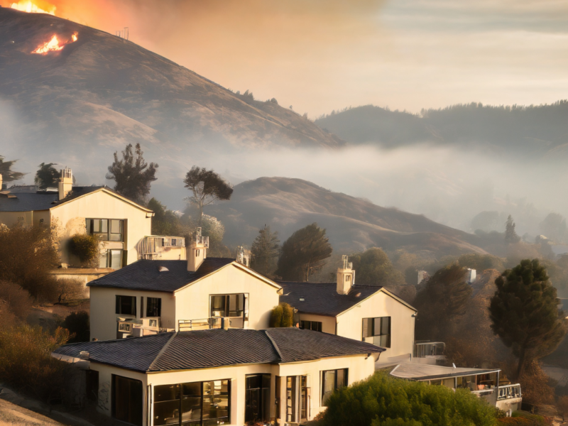 Suburban houses are situated in a hilly area with a mountain in the background. A wildfire burns on the mountaintop, producing smoke that drifts toward the homes. The sky is hazy due to the smoke.